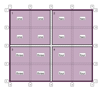 A grid of four items with the Firefox Grid Inspector highlighting the lines
