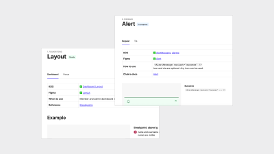 Two screenshots. The first screenshot shows the documentation page for the Layout component, and the second screenshot shows documentation for the Alert component. While components are different, documentation maintains the same format. At the top is the parent group of the component (for example, Alert belongs to the Feedback group). Right below, the name of the component and the completion status tag. After, there’s a tab menu for different component variants (for example, Alert has a regular variant and a mini, Tip, variant). Each variant includes a link to the codebase, a link to Figma, and a link to any other supplementing documentation (for example, from a third-party library). It also includes a brief description of how to use the component and Figma (or code) embeds