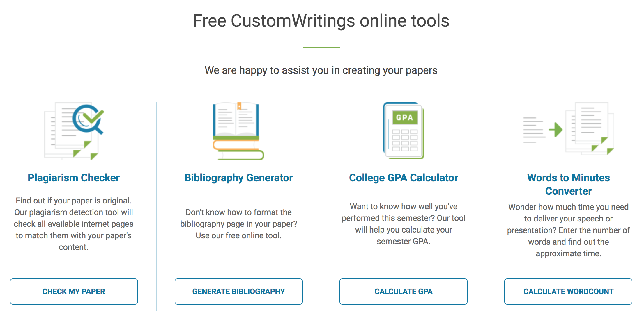 CustomWritings’ free tools include a plagiarism checker, a words to minutes calculator, and more