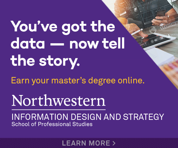 A banner advert that reads: â€œYouâ€™ve got the data, now tell the story. Earn your masterâ€™s degree online with Northwestern Univsersityâ€™s information design and strategy classâ€