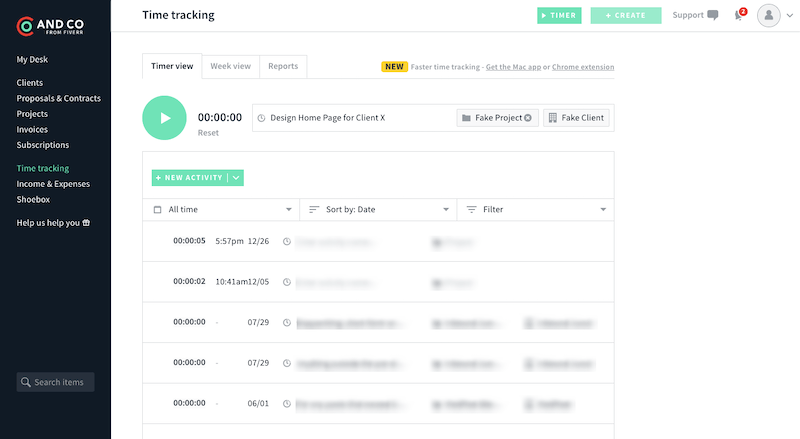 The dashboard of the AND CO time tracker