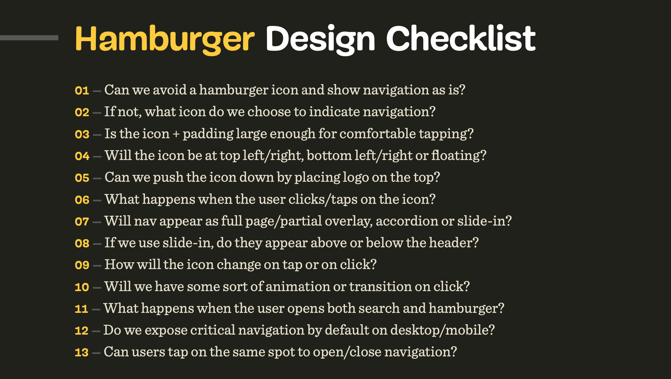 Hamburger design checklist