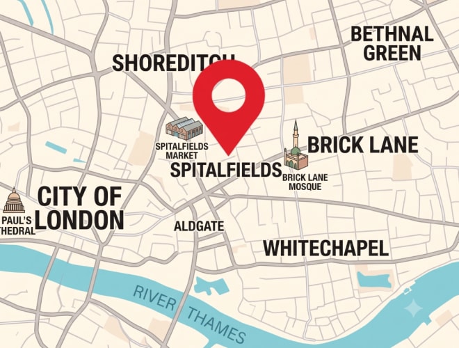 Map showing where Spitalfields & Brick Lane is in London