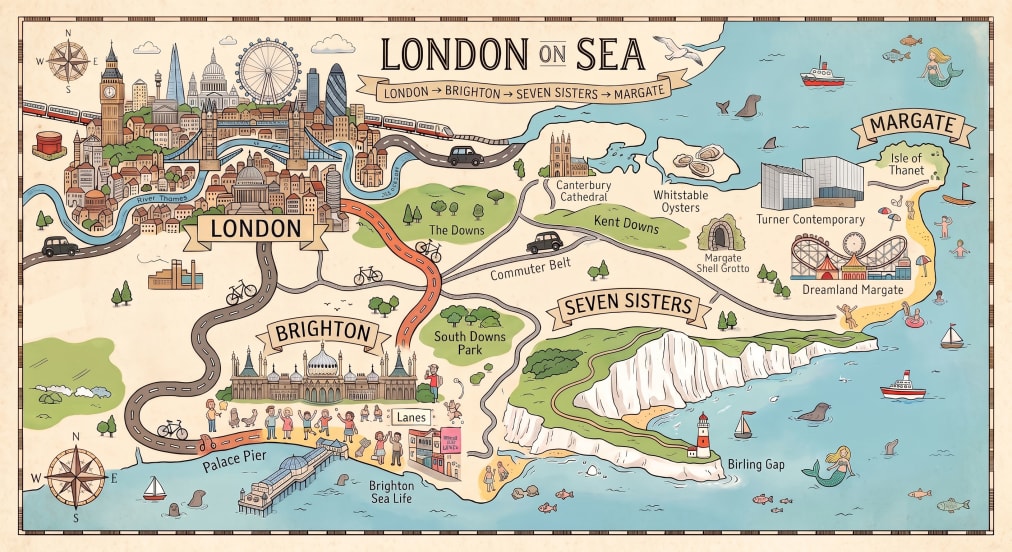 An illustrated map of London-on-Sea: London to Brighton, the Seven Sisters and Margate