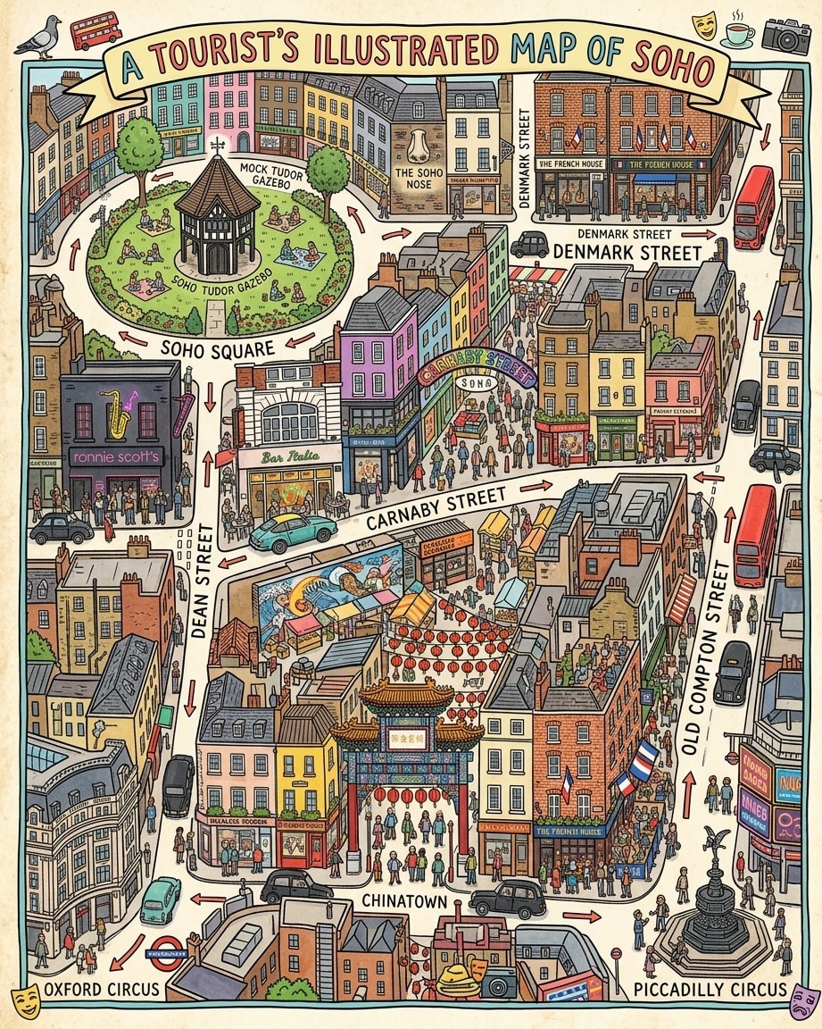 A tourist's illustrated map of Soho: Soho Square, Carnaby Street, Dean Street, Denmark Street, Chinatown, Old Compton Street and Bar Italia