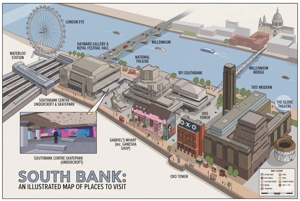 An illustrated map of The South Bank