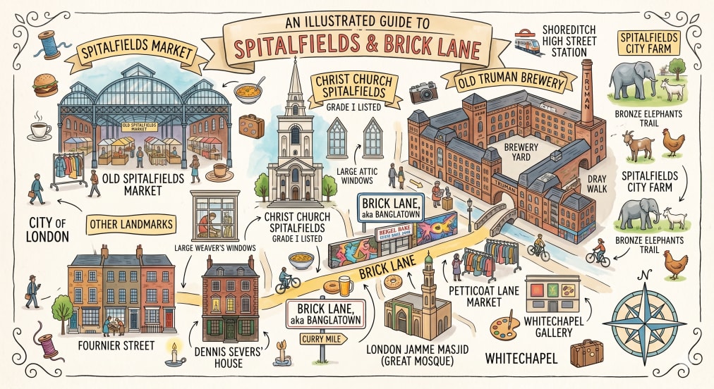 An illustrated map of Spitalfields & Brick Lane