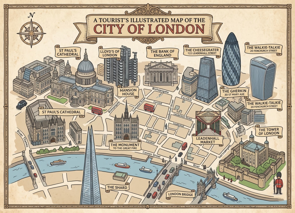 An illustrated map of The City