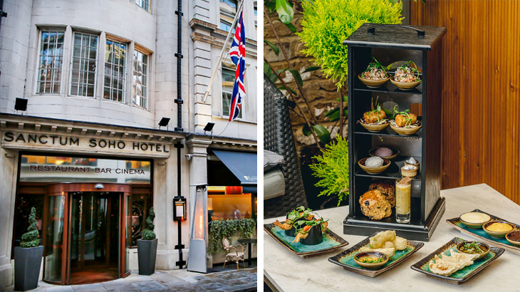 Exterior of Sanctum Soho Hotel London with a Japanese afternoon tea set, luxury dining experience