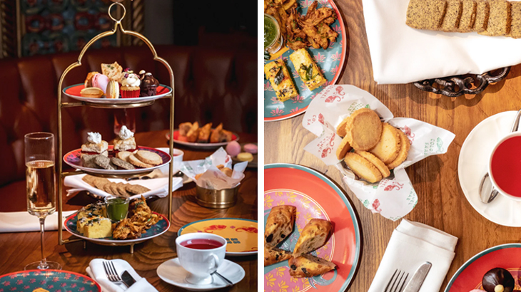 Indian-inspired 3-tier chai afternoon tea with assorted food platters, luxury dining experience in London