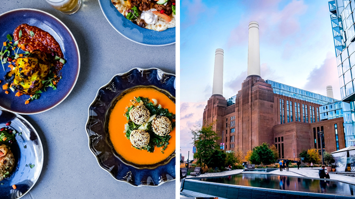 Assorted food platters from Cinnamon Kitchen with Battersea Power Station in London, showcasing gourmet dining