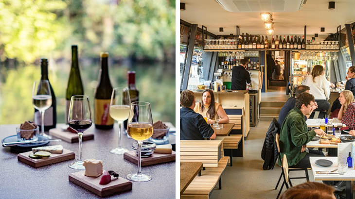 Cheese and wine tasting at floating Cheese Barge London with modern interior and diners enjoying gourmet experience