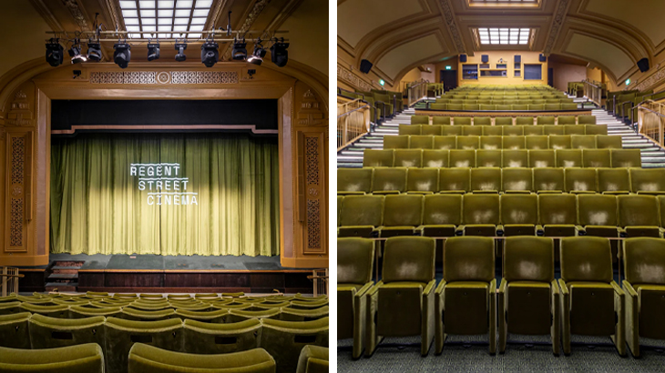 London’s Art Deco Regent Street Cinema interior with stage, curtain, and tiered seating, classic historic theatre experience