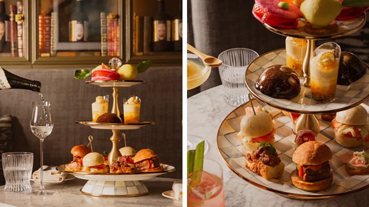 Japanese 3-tier tapas afternoon tea with cocktails at La Bibliotheque London, luxury dining and gourmet experience