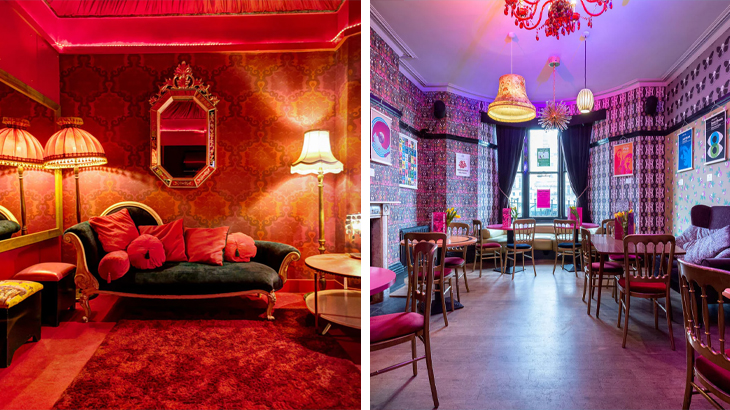 Chaise longue at Hotel Pelirocco Brighton with colourful rock-and-roll dining area, unique boutique hotel experience