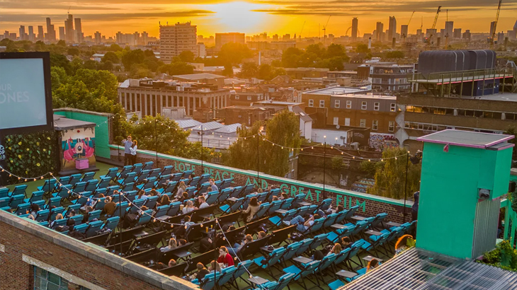 Rooftop cinema experience in London with sunset views over the city – unique London experience