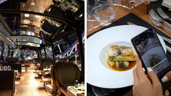 Gourmet Bus Tour in London at night – glass-topped bus dining experience with six-course meal