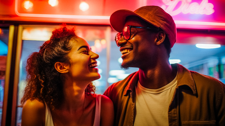 Young couple enjoying a London night out – laughing together under neon lights for a vibrant London experience