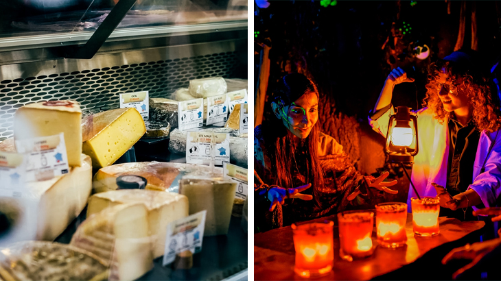 Cheese crawl and immersive cocktail experience with theatrical lighting, actors, lanterns, and gourmet drinks