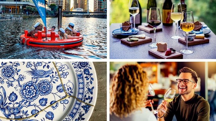Friends enjoying hot tub boat, cheese and wine tasting, kintsugi workshop, and romantic dining experiences