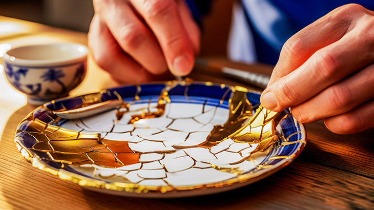 Close-up of hands repairing broken plate with gold Kintsugi technique