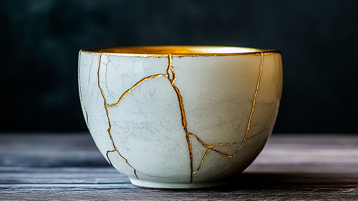 White marble bowl restored with elegant gold Kintsugi cracks