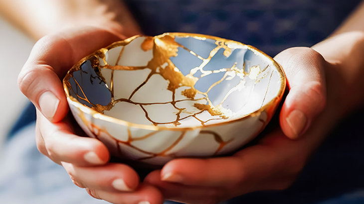 Hands gently holding a bowl repaired with Kintsugi gold restoration technique