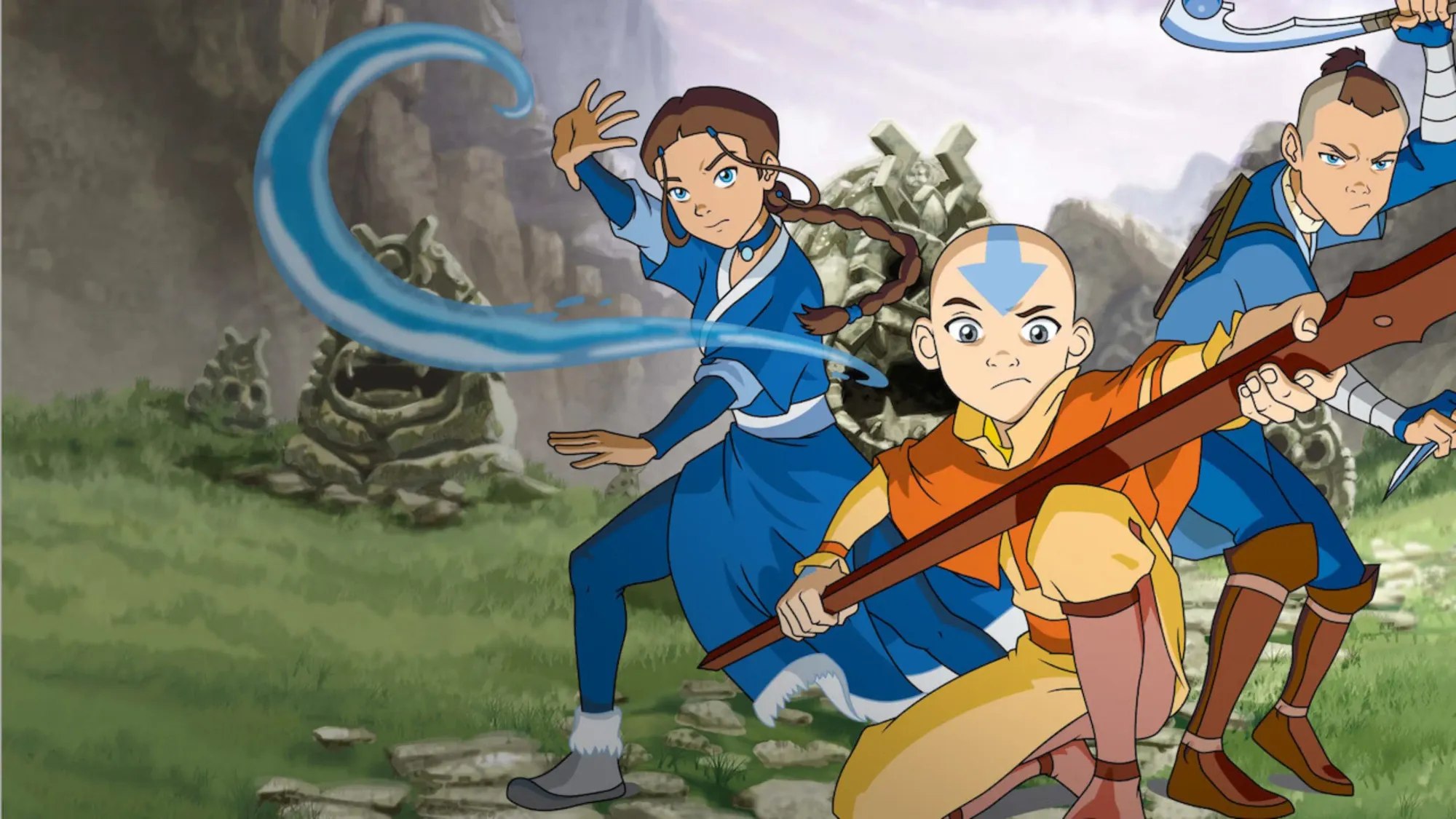 Katara drawing a ribbon of water through the air, Aang crouched in front of her holding his staff, Sokka behind them raising his boomerang