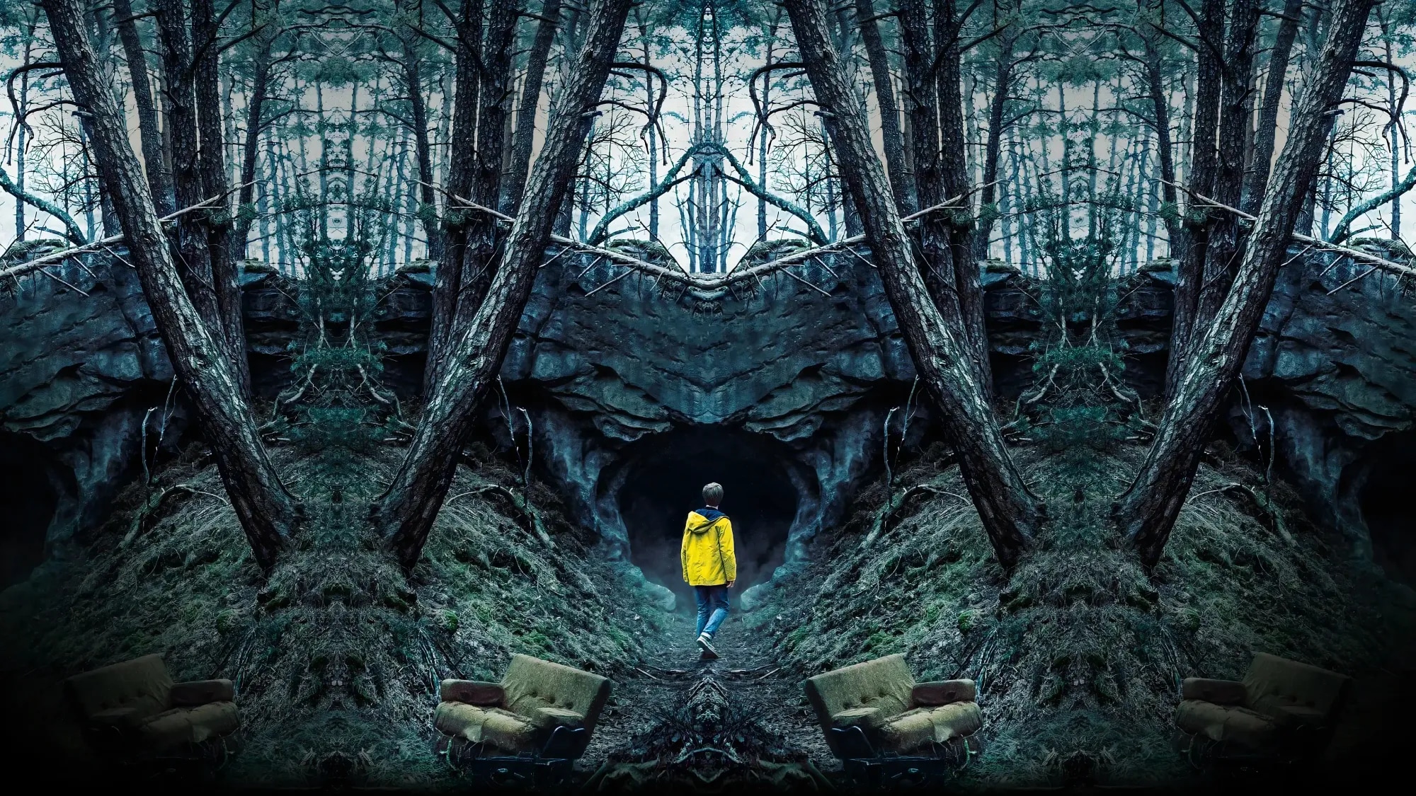 A boy in a yellow raincoat walking toward a cave mouth in a mirrored pine forest, with abandoned armchairs in the foreground