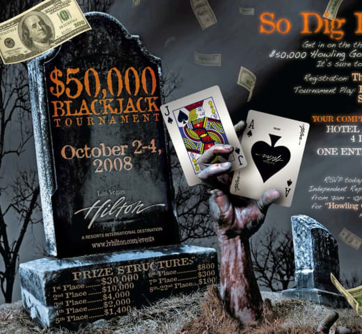 Las Vegas Hilton casino bifold halloween-themed blackjack tournament invite