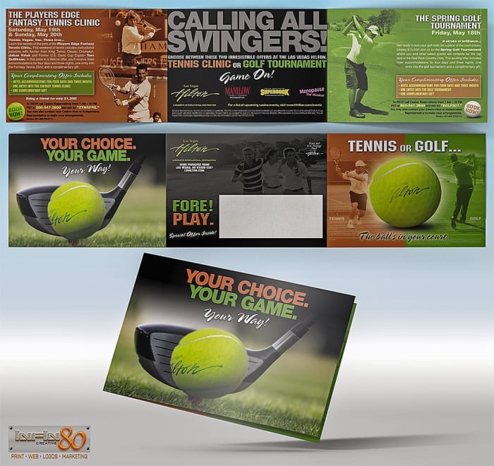 Tri-panel direct mailer concept, layout and design for Las Vegas Hilton