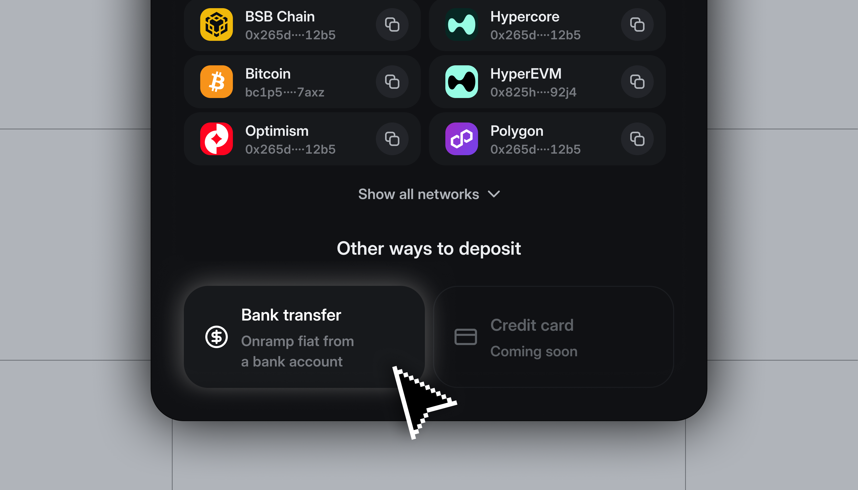 Infinex deposit dialog showing the Bank transfer method