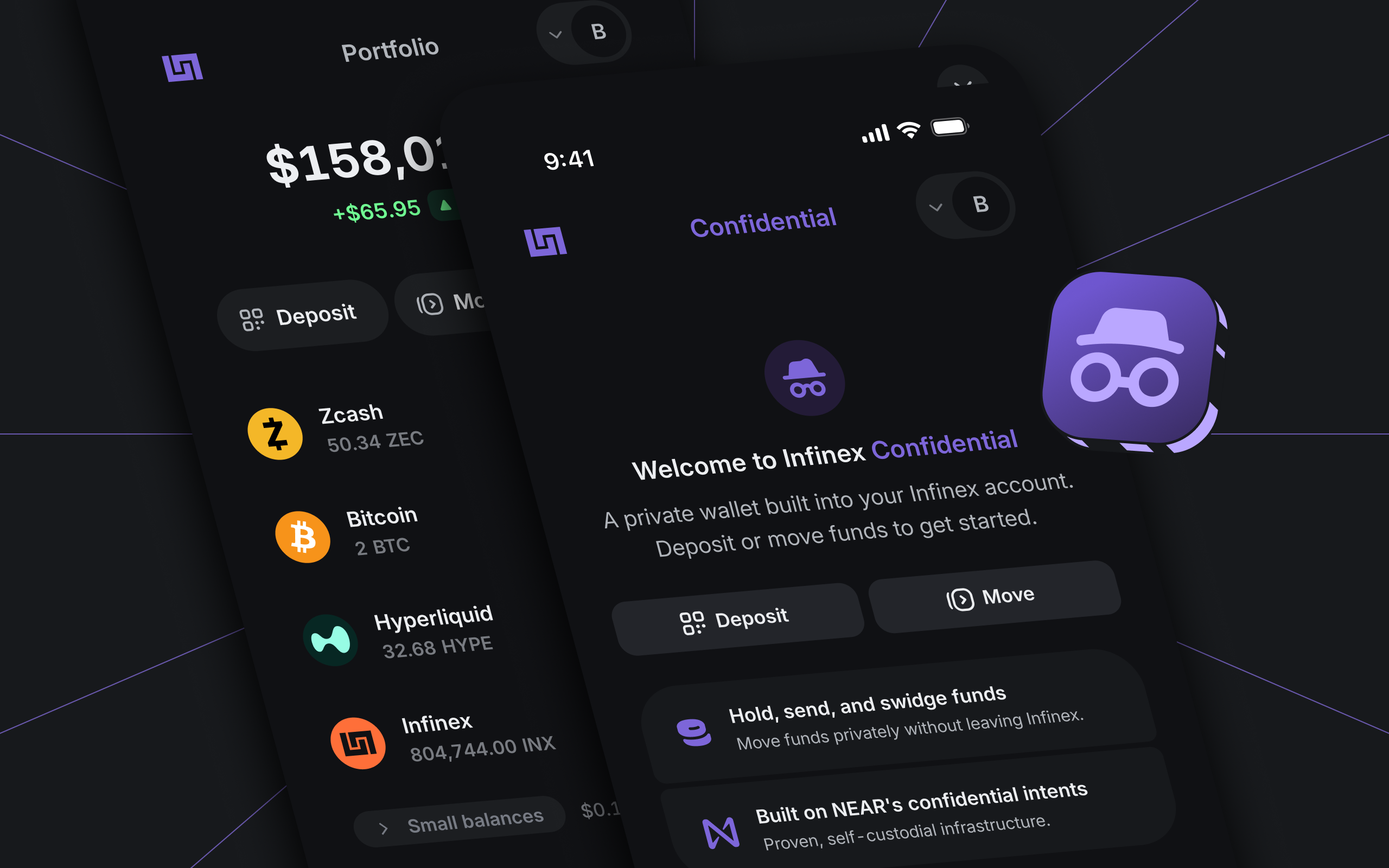 Infinex Confidential deposit, hold, and withdraw rail