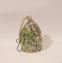 blown glass wind chime with wood clapper light green beige