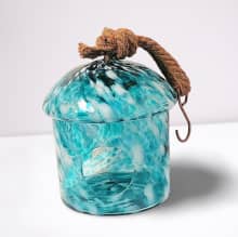 glass birdhouse aqua white