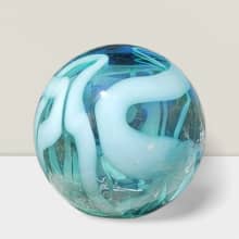 blown glass gazing ball clear with white ribbon design