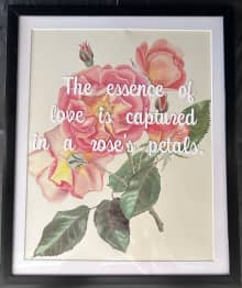 framed image of four peach roses and buds with inspirational quote