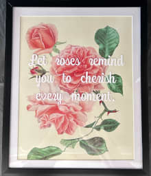 framed image of delicate pink roses and buds with inspirational quote