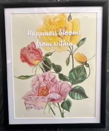 framed image of roses in pink, yellow, and peach with inspirational quote