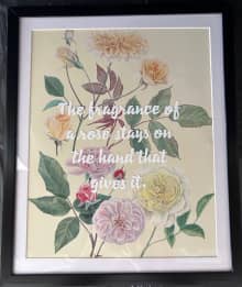 framed image of roses in light pink, soft yellow, and peach with inspirational quote