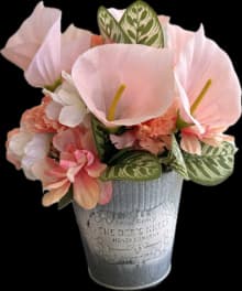 elegant peach floral arrangement with galvanized tin vase