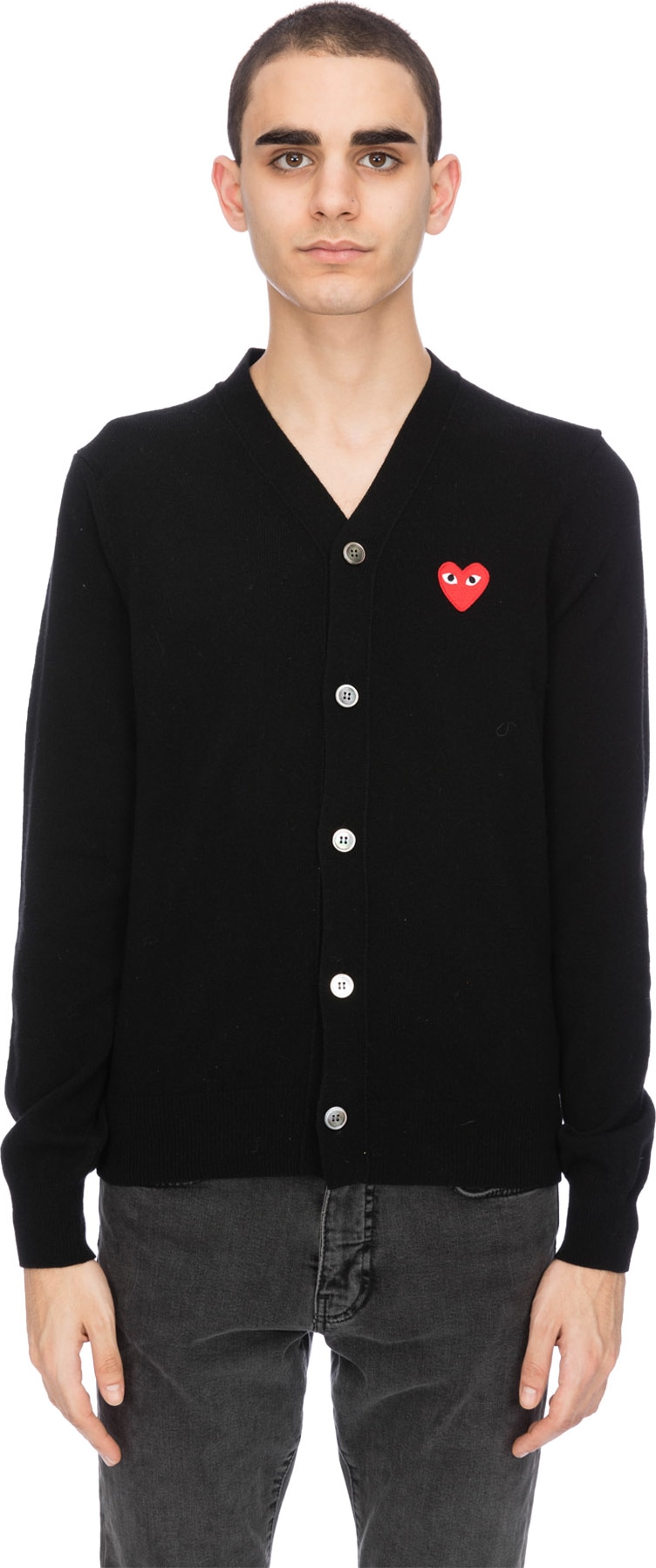 Comme des Garçons Play: Red Heart Cardigan - Black | influenceu