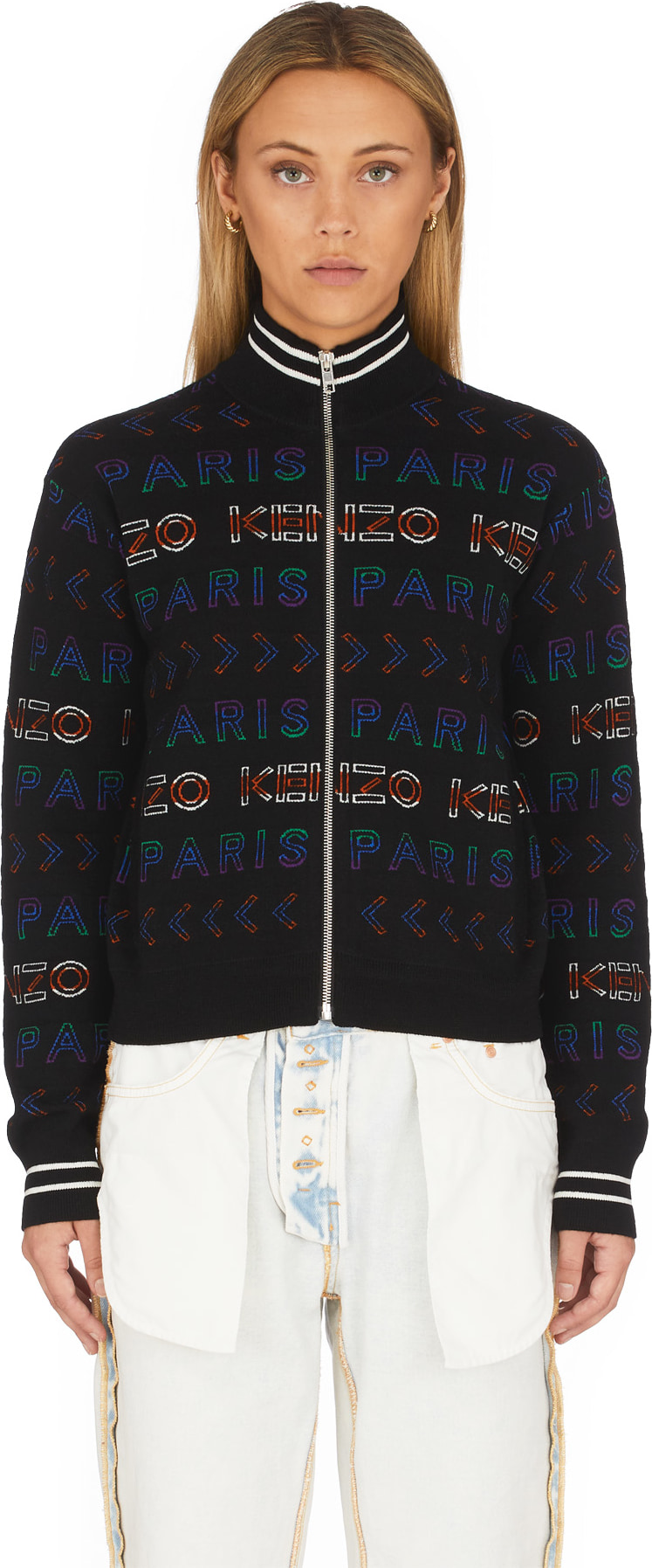 Kenzo: Jacquard Logo Zip Pullover - Black/Multi | influenceu