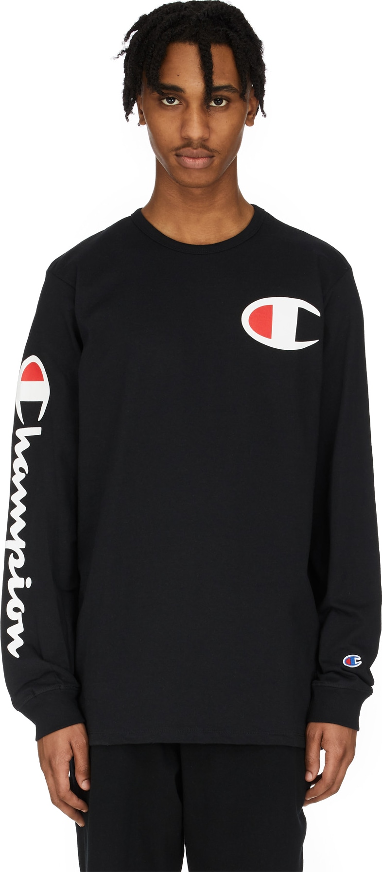 Champion: Big 'C' Logo Long Sleeve T-Shirt - Black | influenceu
