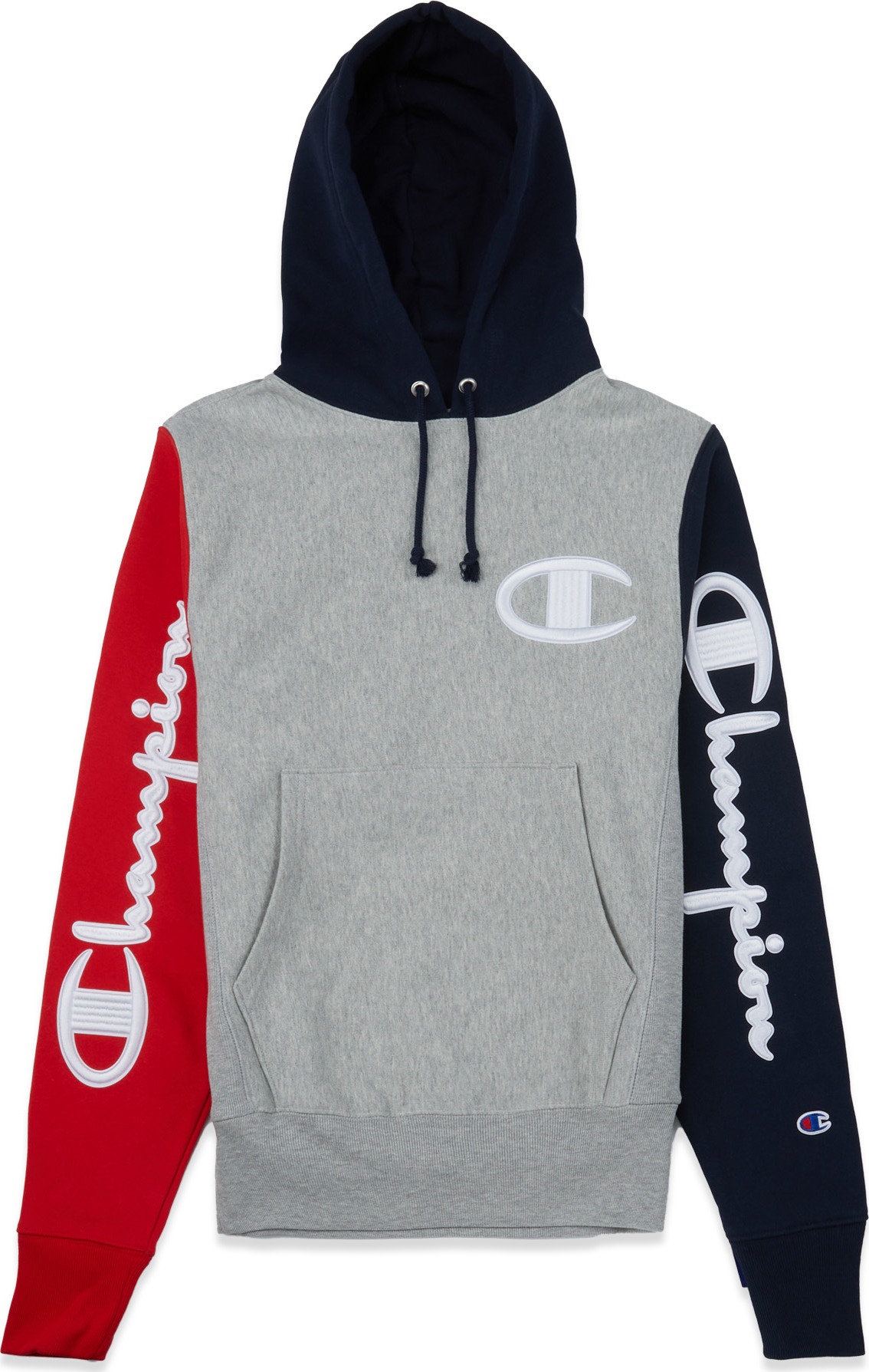 Champion: Reverse Weave Colorblock Hoodie - Oxford Grey/Navy/Scarlet ...