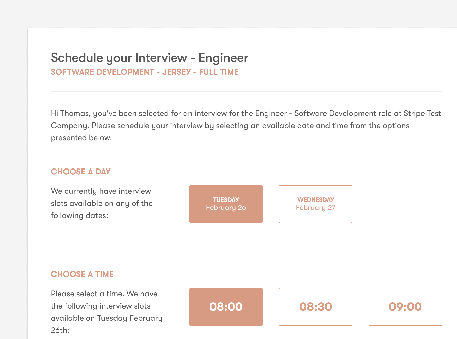 Pinpoint candidate interview scheduling screenshot