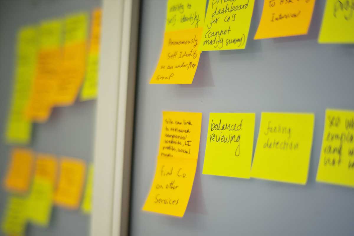 Whiteboard with post it notes for EVP strategy