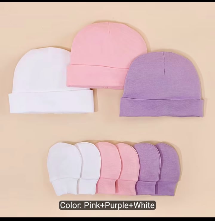 3 Baby caps and mittens