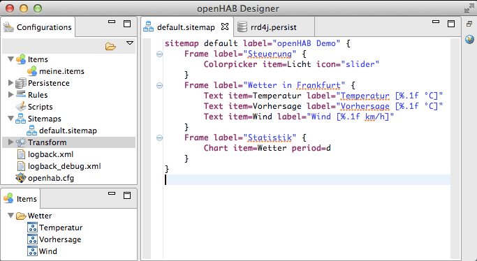 Bild 1: Der openHAB Designer mit der Beispiel Sitemap