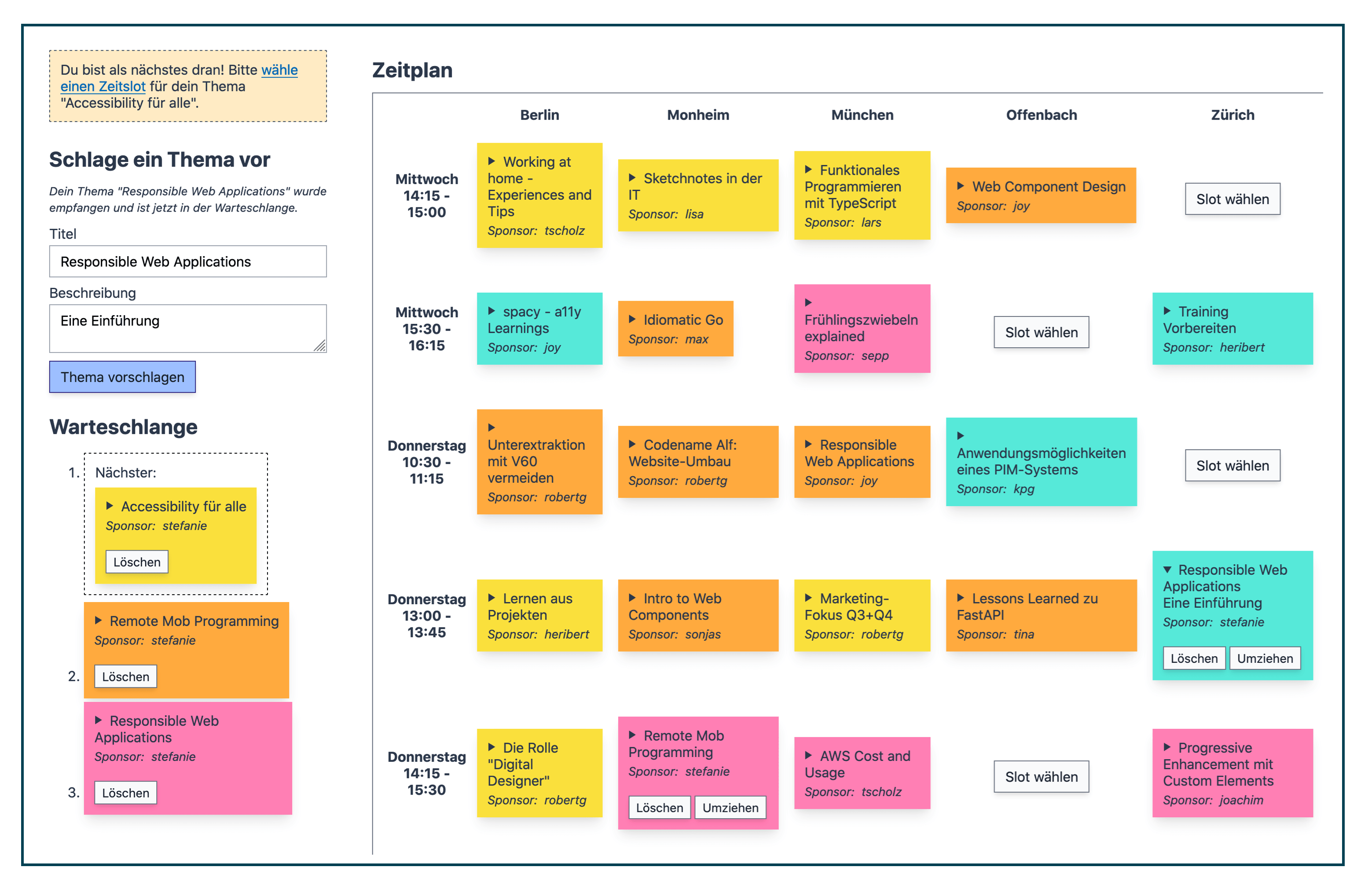 The Spacy UI: From the queue, users can place their sessions in the schedule one by one.